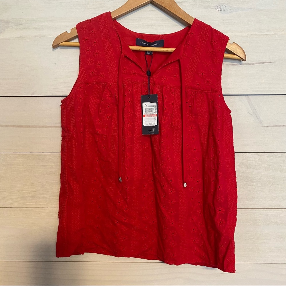 TOMMY HILFIGER red eyelet tank top with tie neck sz XS